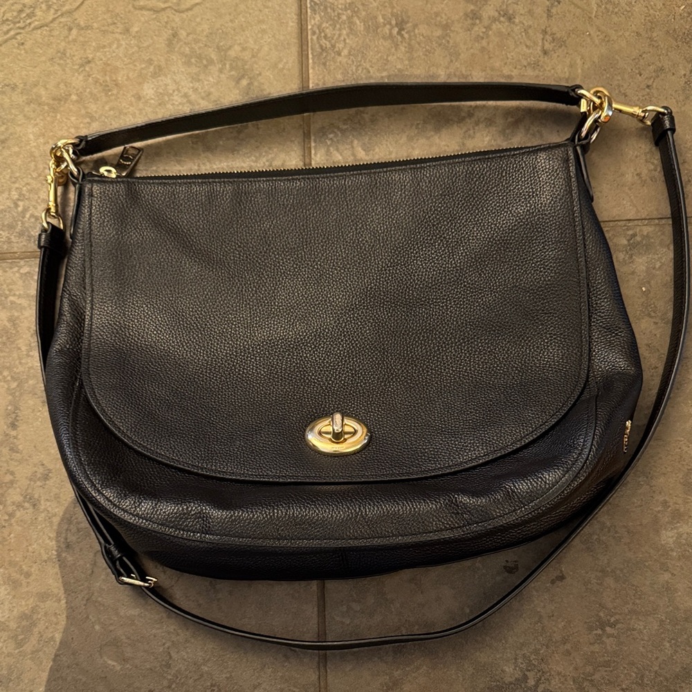 Coach Classic Black Leather Shoulder Bag with Gold Turnlock